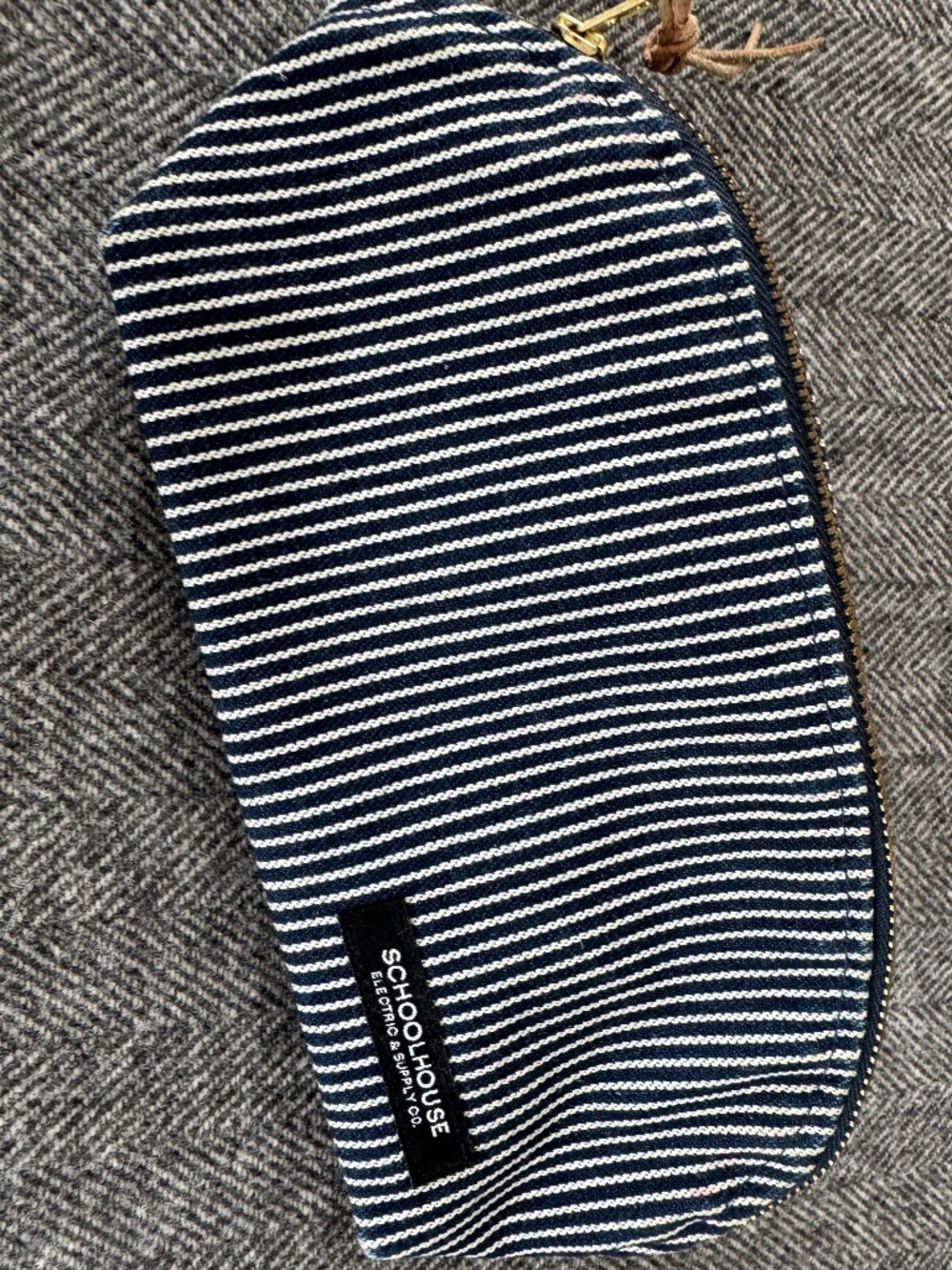 SCHOOLHOUSE COSMETIC BAG IN CUTE DENIM TICKING. - Picture 1 of 11